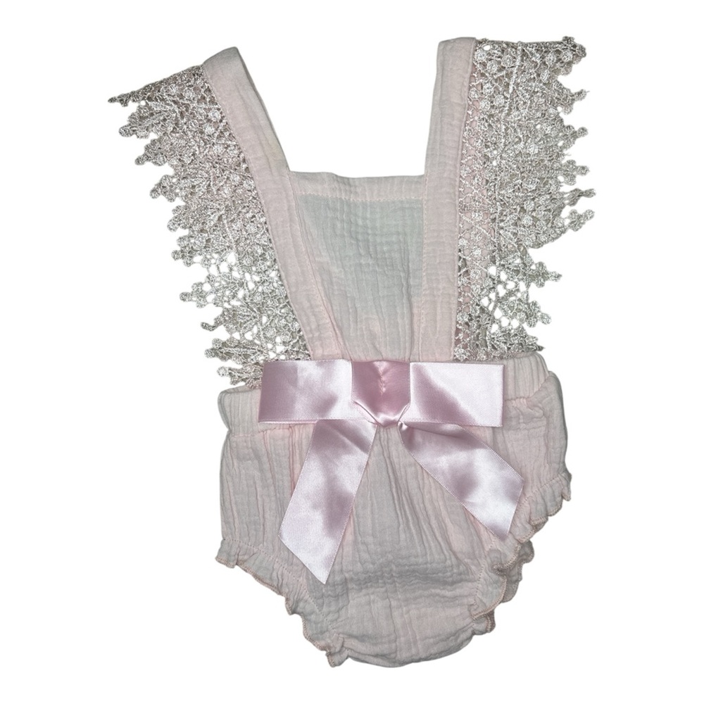 Baby Girl Pink Lace Flutter Romper 6-9M Cotton Muslin Bow Easter Spring Outfit